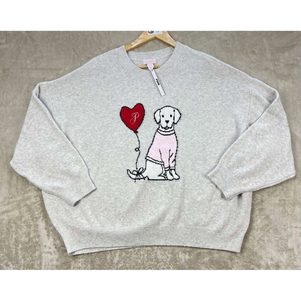 Victorias Secret PINK Dog Heart Balloon Oversized Sweater Gray XL NWT